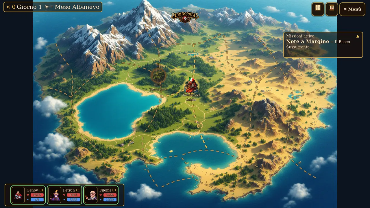 An illustrated overworld — 35 locations, travel and fog.
