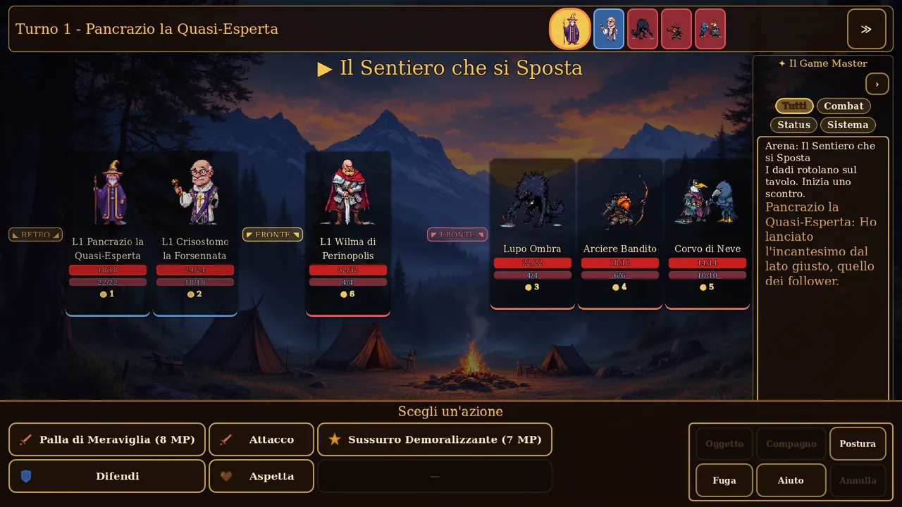 Turn-based combat — front rows, back rows, and teeth.